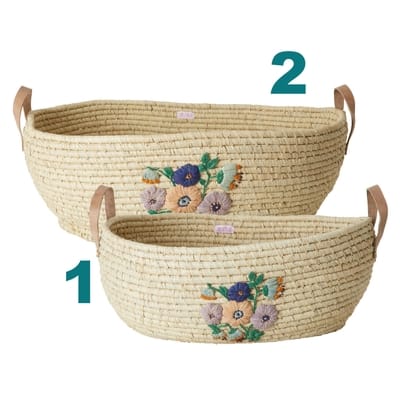 RICE Raffia Korb, handbestickt Flowers, Lederhenkel Flowers, Naturfarben, oval