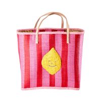 RICE Raffia Tasche, Einkaufstasche, pink-rote Streifen, Zitrone, Lederhenkel